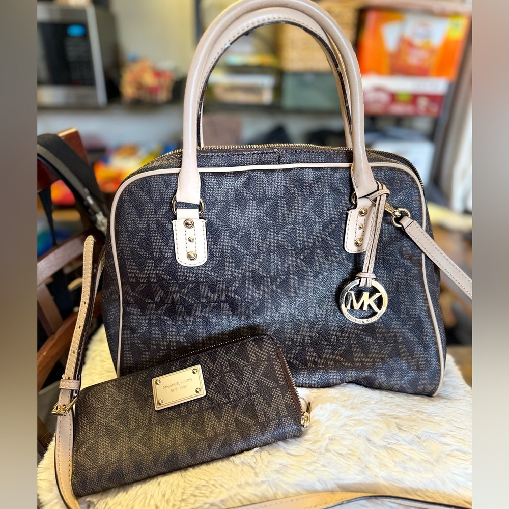 Michael Kors Dark Brown and Tan Handbag with Wallet